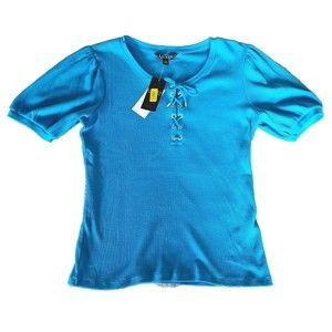Lauren Ralph Lauren Shirt Womens Medium Blue Short Sleeve Drawstring V Neck Knit